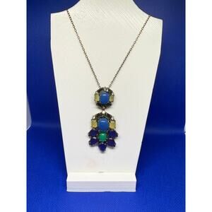 Handmade with vintage jewelry pieces Statement Necklace Blue Gem Pendant 26”